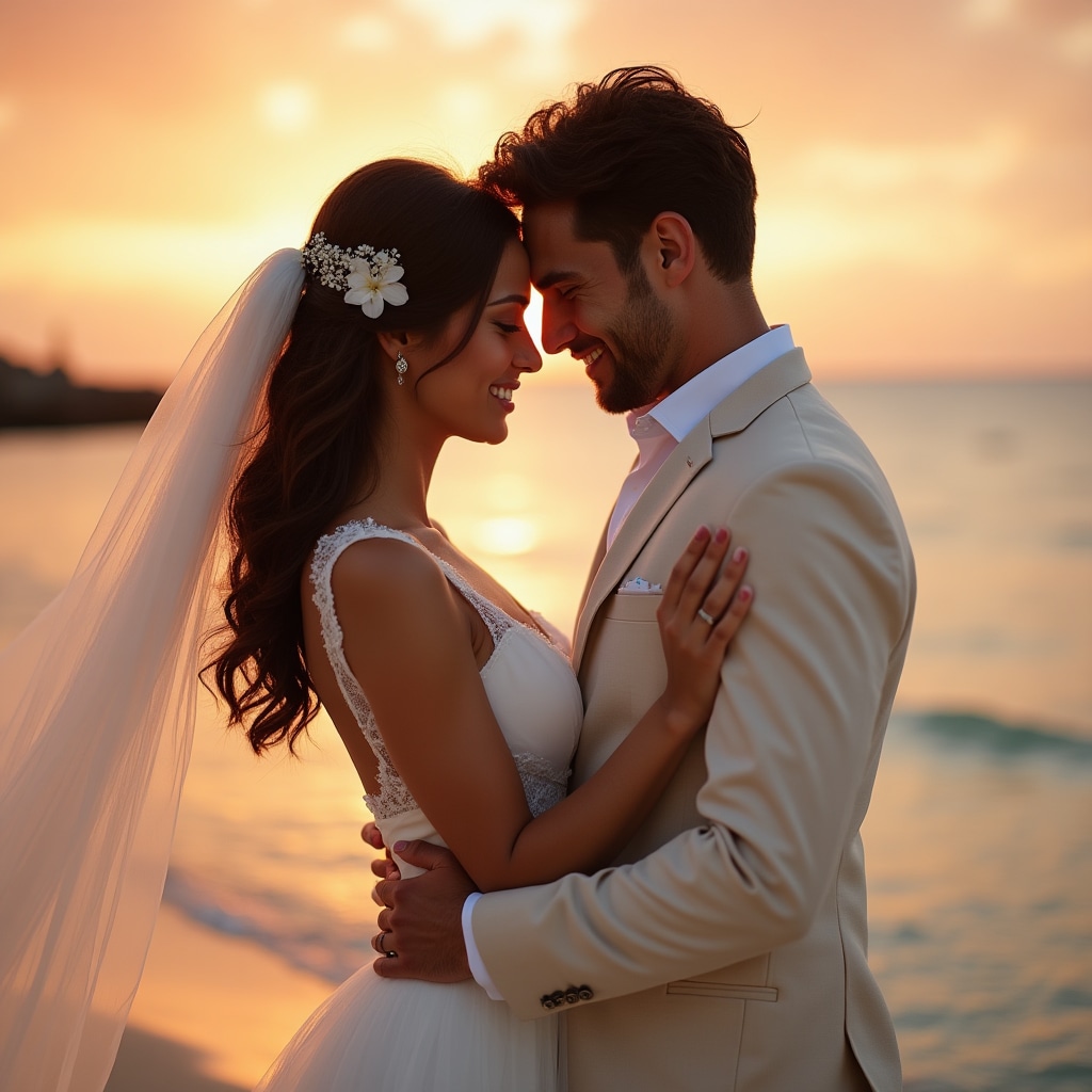 Bride and groom sunset beach portrait