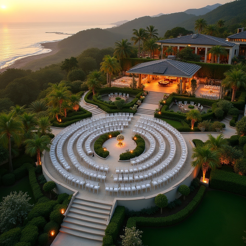 Drone aerial shot of outdoor wedding venue